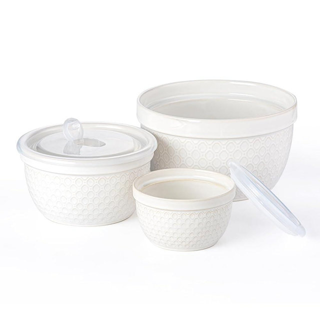 POITONRU Ceramic Mixing Bowls 3-Piece: Nesting Ceramic Bowls with Lids - Microwave Safe for Kitchen Baking and Serving - Ideal for Home Bakers (White)