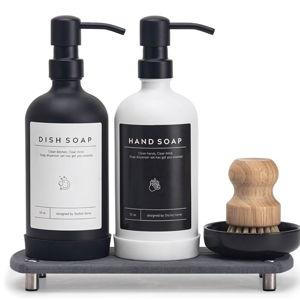 [Luxury] Kitchen Soap Dispenser Set - 16OZ Glass Bottle, Stainless Steel Pump, Instant Dry Tray, Waterproof Labels, Non-Slip Silicone Pad, and Dish Brush | Upgrade for Your Kitchen and Bathroom