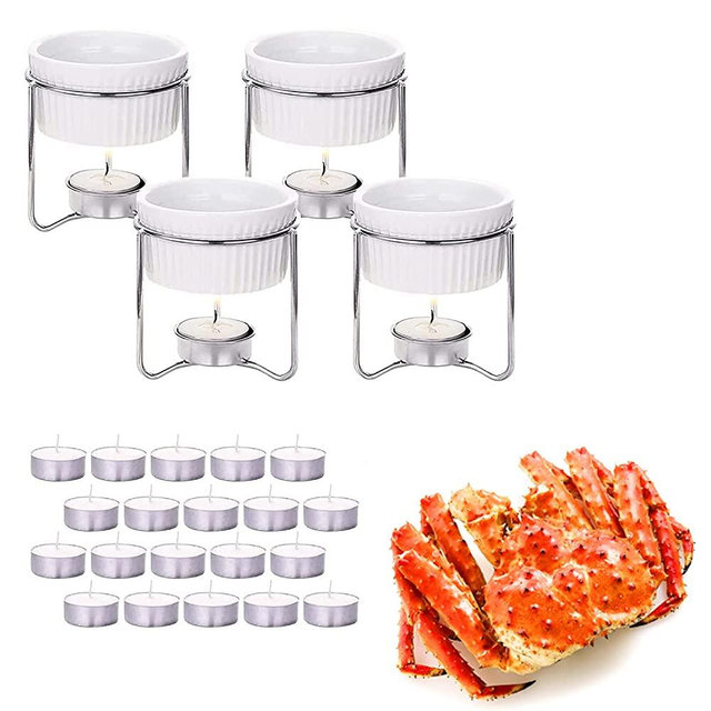Luvan 4 Pieces Ceramic Butter Warmers with 20 Pieces Tealight Candles Set for Seafood, Chocolate Fondue or Cheese Fondue Set - Dishwasher Safe, Microwave Safe, Oven Safe