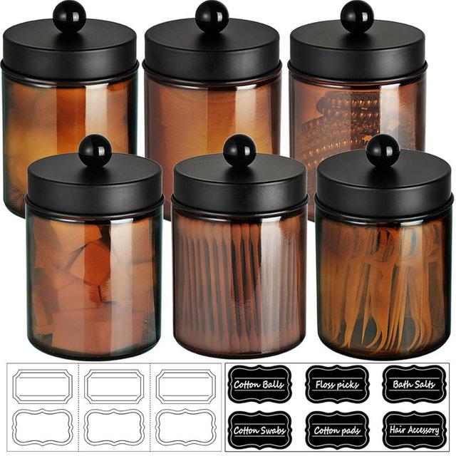 Amolliar Amber Glass Qtip Holder, Apothecary Jars with Matte Black Metal Lid & Stickers-Bathroom Qtip Dispenser Storage Organizer Set,Vanity Counter Canister for Cotton Swabs,Round Pads,Floss (6 Pack)