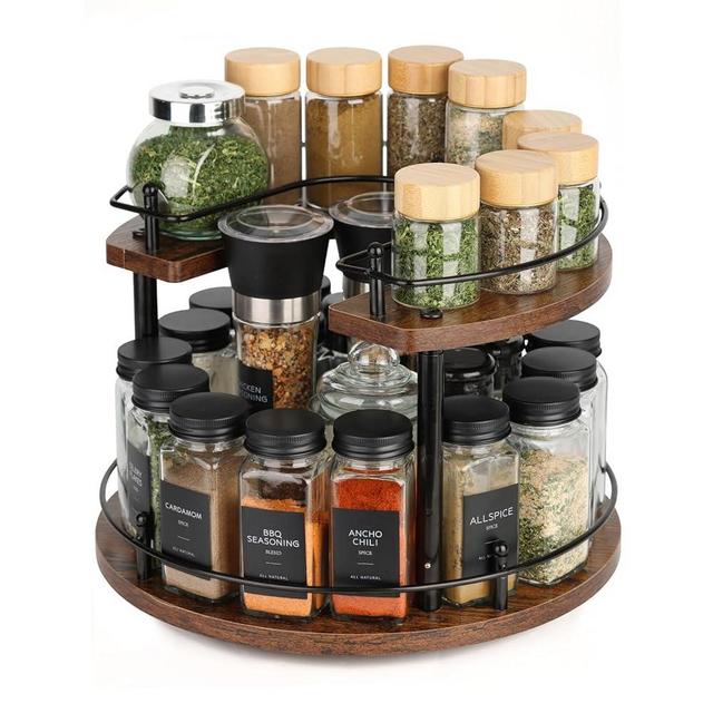 Turntable Lazy Susan Organizer Spice Rack, 2Tier Wooden Spinning Revolving Organizer Height Adjustable,12'' Seasoning Rotating Spice Rack for Cabinet,Kitchen Countertop,Dining Table,Vanity Storage