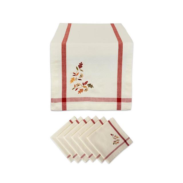 Design Imports Embroidered Fall Leaves Bordered Table Runner and Napkin, Set of 7