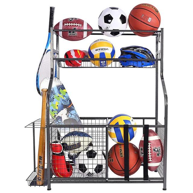Mythinglogic Garage Storage System, Garage Organizer with Baskets and Hooks, Sports Equipment Organizer for Kids, Ball Rack, Garage Ball Storage, Sports Gear Storage, Black, Powder Coated Steel