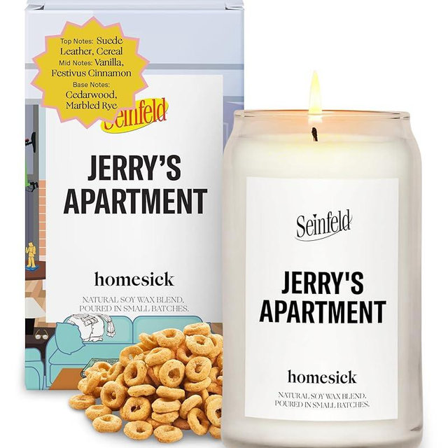 Homesick Scented Candles for Home (Jerry's Apartment) - 13.75 oz Long-Lasting Soy Wax Jar Candle for Women & Men for All Occasions, 60-80 Hours Burn Time - Notes of Suede Leather, Vanilla & Cedarwood