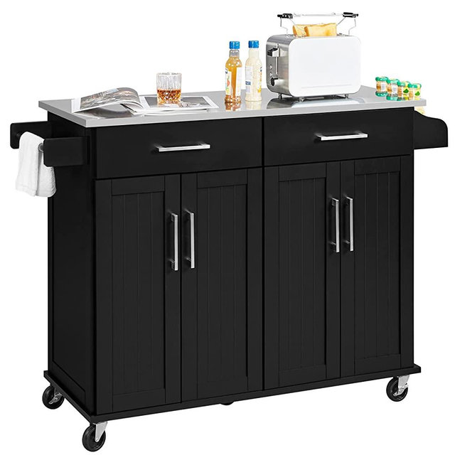 Yaheetech Kitchen Cart with Stainless Steel Countertop and 2 Drawers, Kitchen Island on Wheels with Double Storage Cabinet and Inner Adjustable Shelves for Dining Room, Black