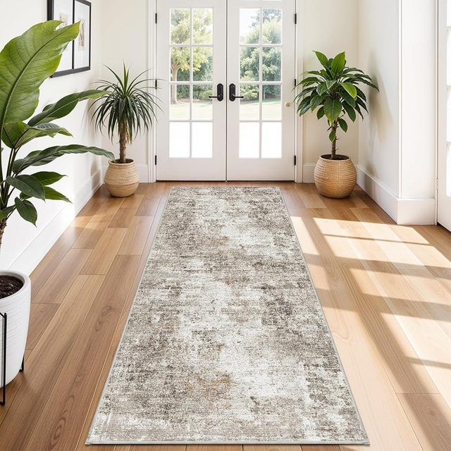 4x10 ft Extra Wide Hallway Rug – Non-Slip Washable Rubber-Backed Large Carpet Runner for Kitchen, Entryway | Modern Abstract, Low-Pile Thin Floor Mat for Bedroom Living Room Dining Room (Beige,Grey)