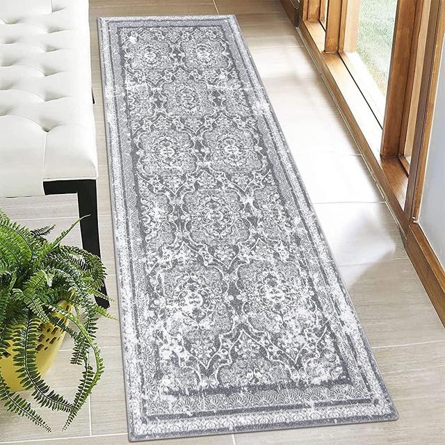 Vaukki Hallway Runner Rug, Vintage Shaggy Soft Laundry Rug Runner, Non Slip Entryway Runner Mat, Washable Farmhouse Kitchen Area Carpet for Bathroom, Entryway and Bedroom (2' X 6', Grey)