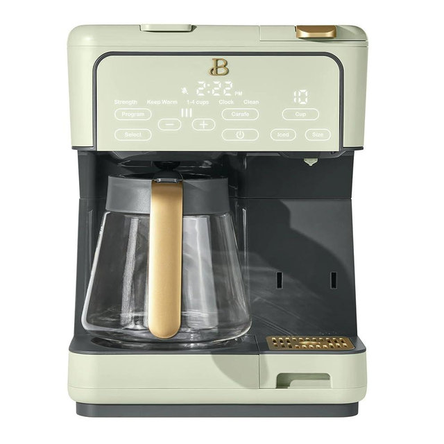 Beautiful Multi-Brew Drip Coffee Maker & Single Serve Machine, Glass Carafe, Keep Warm, Travel Mug Friendly, 3 brew settings, Touch-activated home and kitchen by Drew Barrymore (Sage Green)