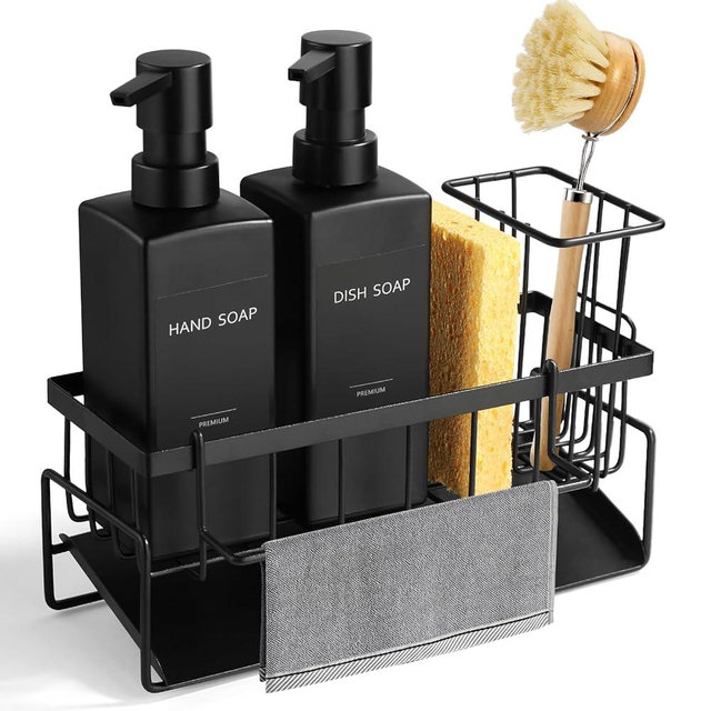 GMISUN Dish Soap Dispenser for Kitchen, 12 Oz Kitchen Soap Dispenser with Sponge Holder, Customized Matte Black Kitchen Soap Dispenser Set, Modern Hand and Dish Soap Dispenser Set Removable