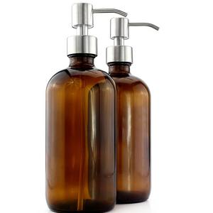 Cornucopia Brands 16-Ounce Amber Glass Bottles w/Stainless Steel Pumps (2-Pack); Lotion & Soap Dispenser Brown Boston Round Bottles for Aromatherapy, DIY, Home & Kitchen