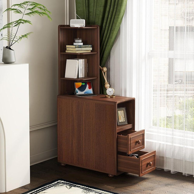 Walnut Corner Tables with Drawers & Open Shelves, Tall & Bedside Nightstands with Charging Station for Living Room & Bedroom