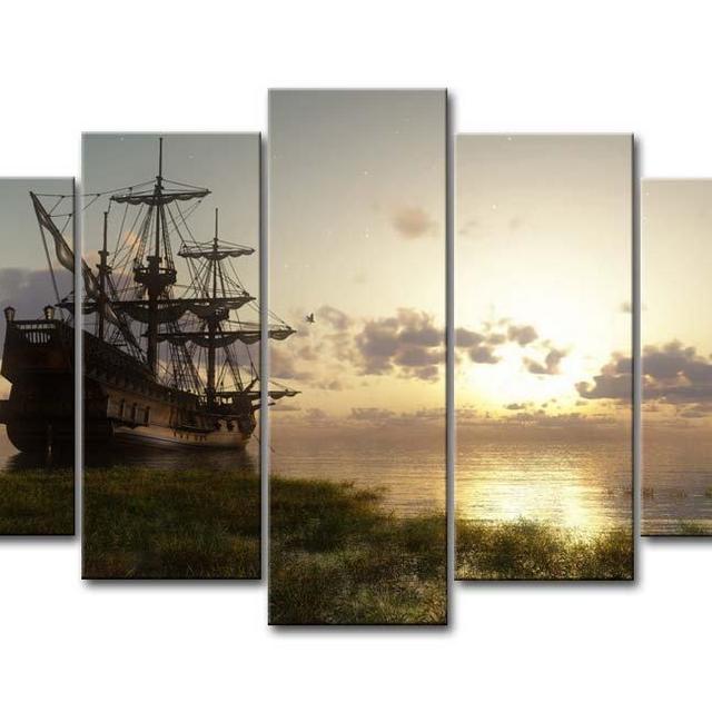 Ship in The Lake Sunset Wall Art Decor Painting 5 Panel