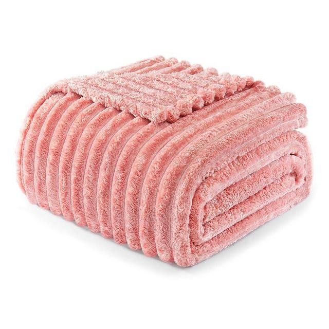 Exclusivo Mezcla Queen Size Flannel Fleece Blanket, Super Soft Striped Jacquard Bed Blanket, Lightweight Fuzzy Cozy for All Seasons, 90x90 Inches, Pink