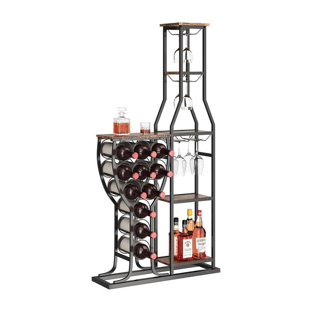 FILINGSKY Wine Bakers Rack, 5-Tier 11 Bottle Wine Storage Stands Freestanding Floor, Hanging Wine Glass Holder Wine Storage, Wine Organizer Display Rack Table for Kitchen, Dining Room (Big)