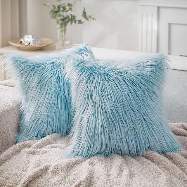 Phantoscope Pack of 2 Faux Fur Throw Pillow Covers Cushion Covers Luxury Soft Decorative Pillowcase Fuzzy Pillow Covers for Bed/Couch,Light Blue 18 x 18 Inches