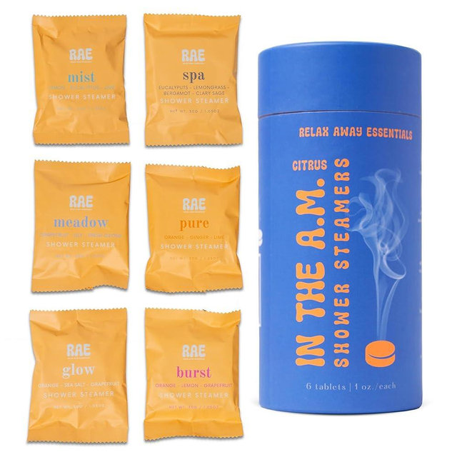 Relax Away in The A.M. Shower Steamers 6 Pack - Energizing Citrus Blends - Pure, Burst, Mist, Glow, Meadow, Spa - Uplifting & Rejuvenating - Essential Oil Aromatherapy - User-Friendly Set