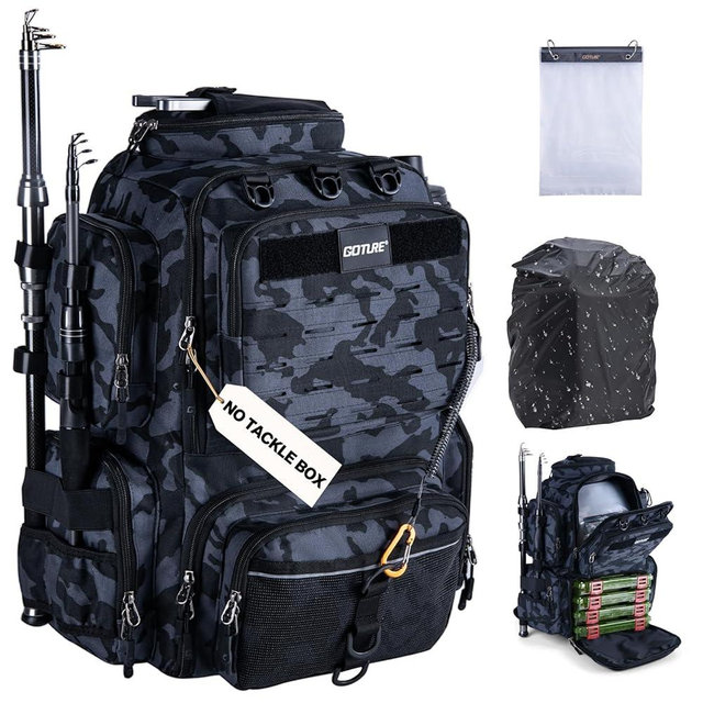 Goture Fishing Backpack, 900D Water-Resistant Tackle Backpack with Rod Holders, 45L Large Fishing Bag Storage Gear Tackle Bag with 8 Lure Pockets, Rain Cover for Camping Hiking(Without Tackle Box)