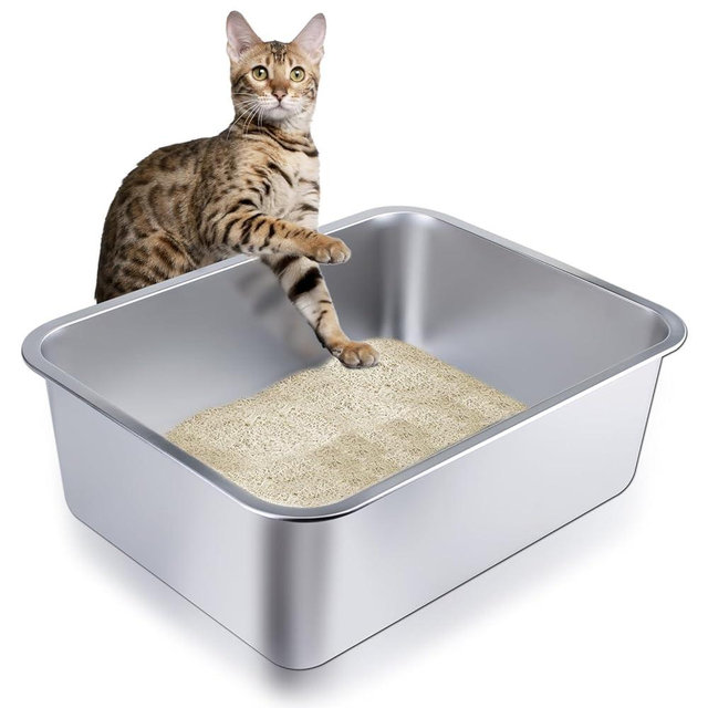 Stainless Steel Cat Litter Box - Large Metal High-Sided Pan for Cats, Pets, Non-Stick, Odor-Free, Easy to Clean, Splash-Proof, Durable (23.6" L x 15.8" W x 6" H)