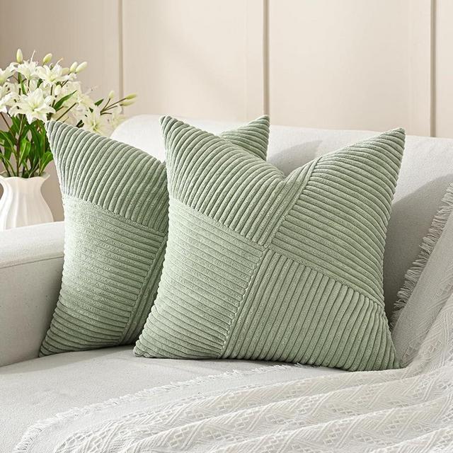 Volcanics Sage Green Decorative Throw Pillow Covers 18x18 Inch Set of 2, Soft Corduroy Striped Patchwork Windmill Textured Cushion Cases for Couch Sofa Bed, Spring Boho Home Decor