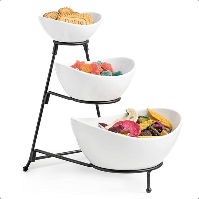 Miamolo Triple Ceramic Serving Bowl Set with Stand - White Serving Tiered Stand,Set of 3 Oval Bowl Set Perfect for Table Decoration Set Party Chip Rack Display Salad Bar Serving Set - Black Stand