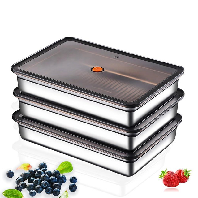 Hommiya Stainless Steel Food Storage Containers, Silver, Airtight with Vacuum Seal, Stackable Rectangular, 3-Piece Set, BPA-Free Lids, for Meal Prep and Leftovers Storage(Shallow)