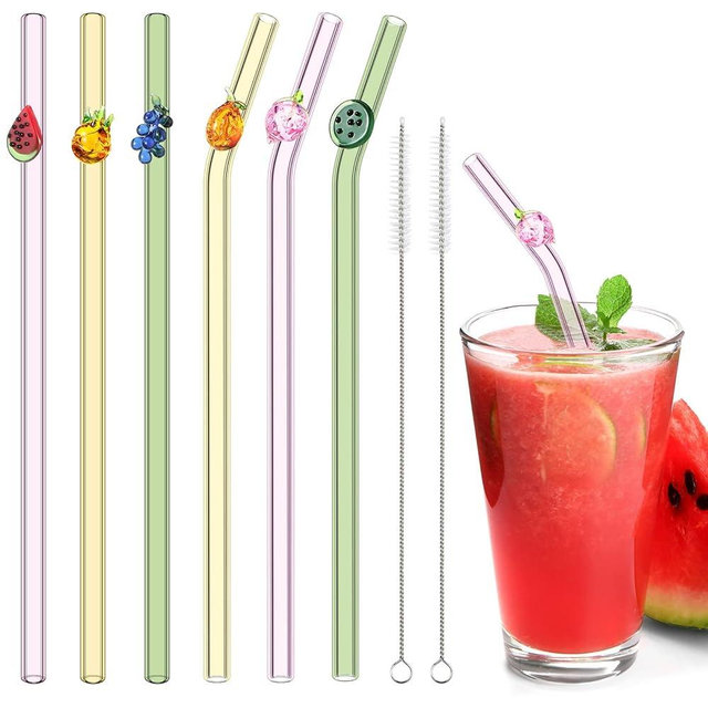 6 Pcs Glass Straws with Design Reusable Fruit Drinking Straws 7.9in x 8mm Colorful Cute Reusable Straws Fruit Party Favors Decorations and 2 Cleaning Brushes for Summer Beach Birthday(Bent, Straight)