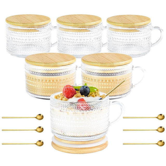 Icesip 14oz Vintage Coffee Mugs Glass of 6 Hobnail Overnight Oats Glass Mug with Handle Bamboo Lids Spoon for Iced Coffee Latte Yogurt(Hobnail*6 with Seal Ring Lid)