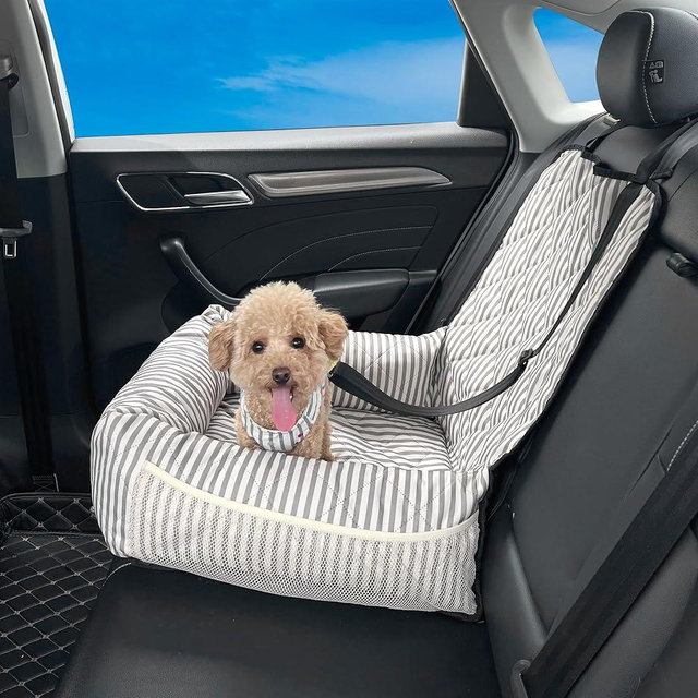 GeerDuo Dog Car Seat for Small and Medium Dogs, Booster Seat Sofa Pet Bed, Portable Car Travel Carrier Bed (Grey Stripes,Standard Filling)
