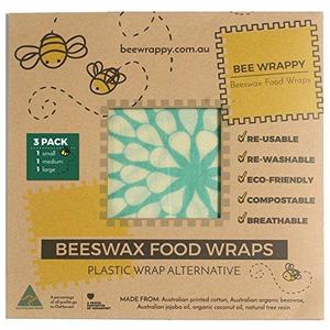 Beeswax Food Wraps 3-Pack by Bee Wrappy – 1 Small (6.7" x 6.7"), 1 Medium (12" X 10") And 1 Large (13.4" X 13.4") – Washable and Reusable Alternative to Single-Use Plastic/Saran Wrap – Sandwich Bag