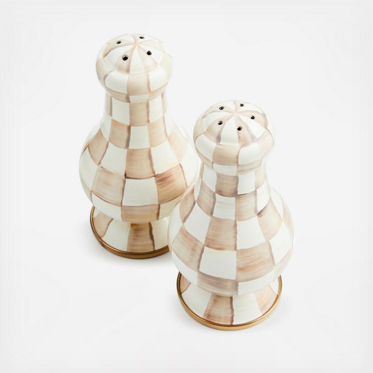 MacKenzie-Childs, Mocha Check Steel Large Salt & Pepper Shakers | Zola