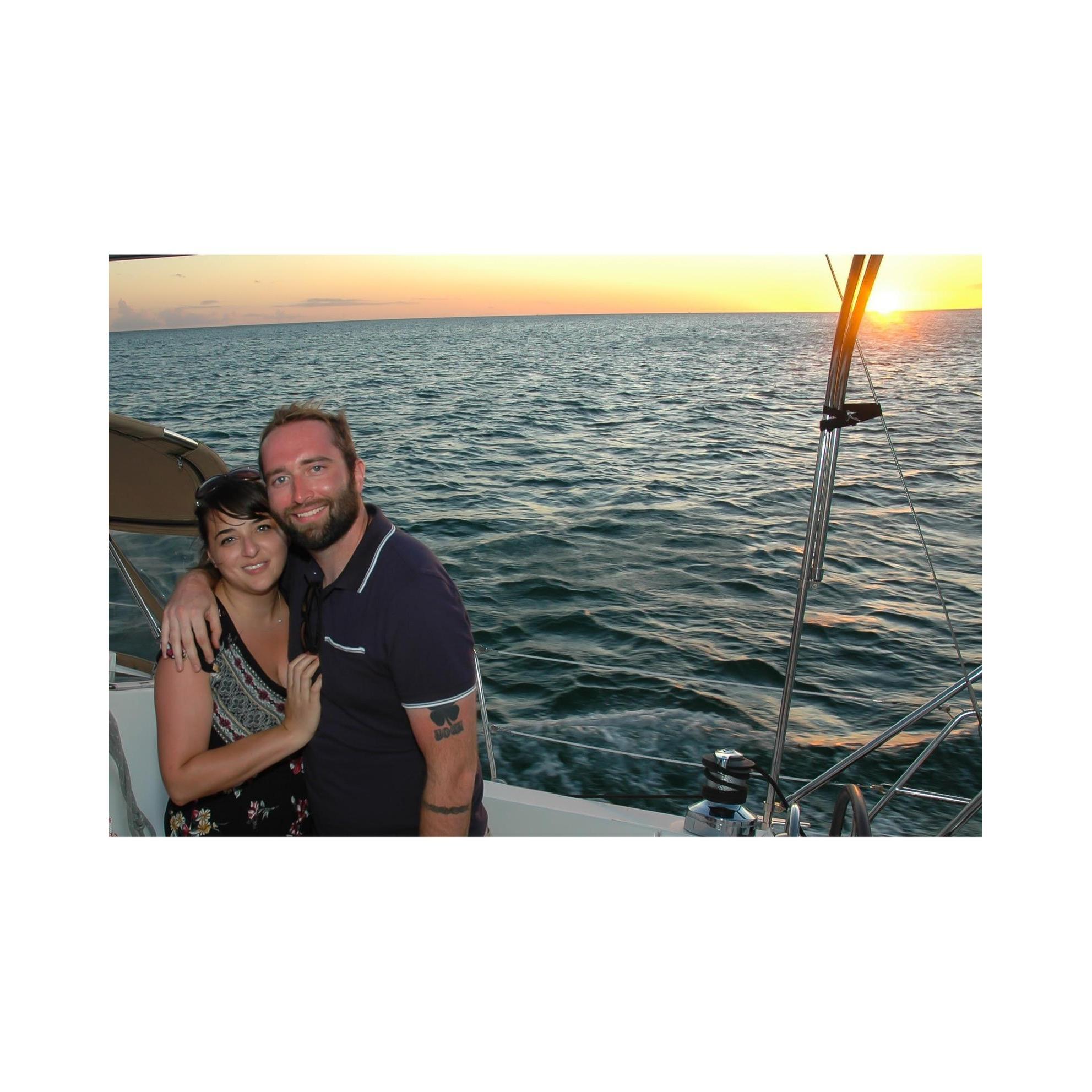 Richard proposed to Kylie on a visit to her parents’ house in Naples, Florida. She thought they were going dolphin-watching, but he had actually set up a private boat ride to propose at sunset!