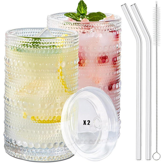 Ework4U 2 Pcs Iced Coffee Glasses Cups with Glass Lids and Straws,12 oz Thick Emboss Beaded Drinking Glass Cup Set,Latte Glasses,Ideal for Water,Soda,Gift - with Cleaning Brushe