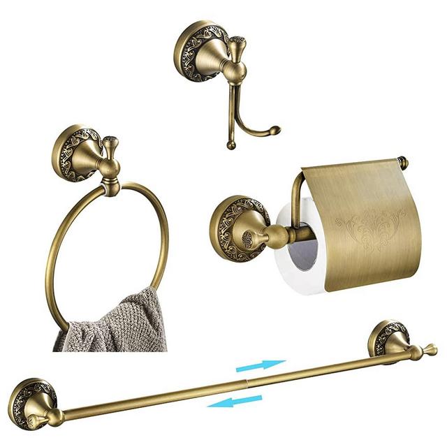 WINCASE Antique Brass Bathroom Accessories, Retro Adjustable Bathroom Hardware, Brass Bath Towel Bar Set 24 Inch 4 Piece Tolilet Paper Holder Towel Ring Robe Hook Wall Mounted Vintage