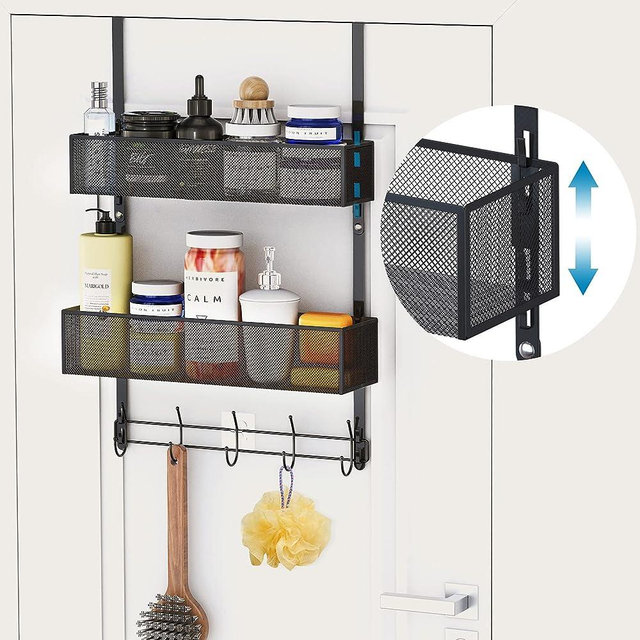 Aimeaihe Adjustable Over The Door Hooks Organizer, Door Hanger Coat Rack with 2 Mesh Baskets and 10 Hooks, Back of Door Storage Organizer for Bedroom,Bathroom,Kitchen (Black)