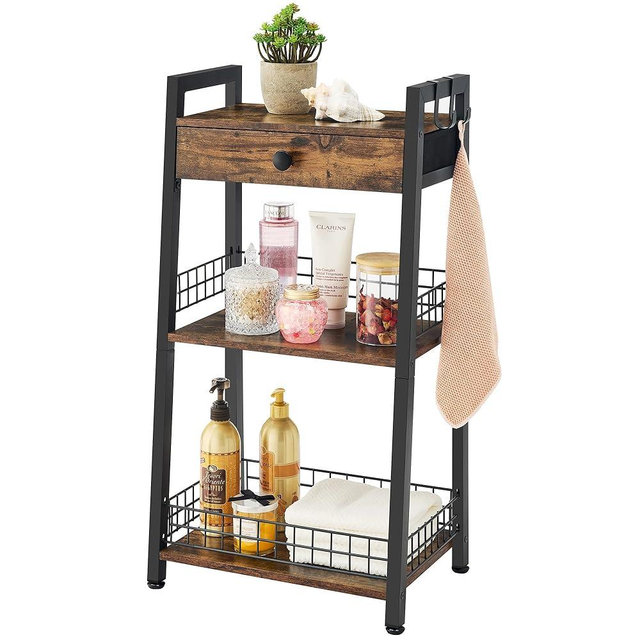 Gewudraw 3-Tier Bathroom Ladder Shelf, Bathroom Floor Storage Organizer Shelf with Drawer, Small Freestanding Tower Shelf for Living Room, Bathroom, Bedroom