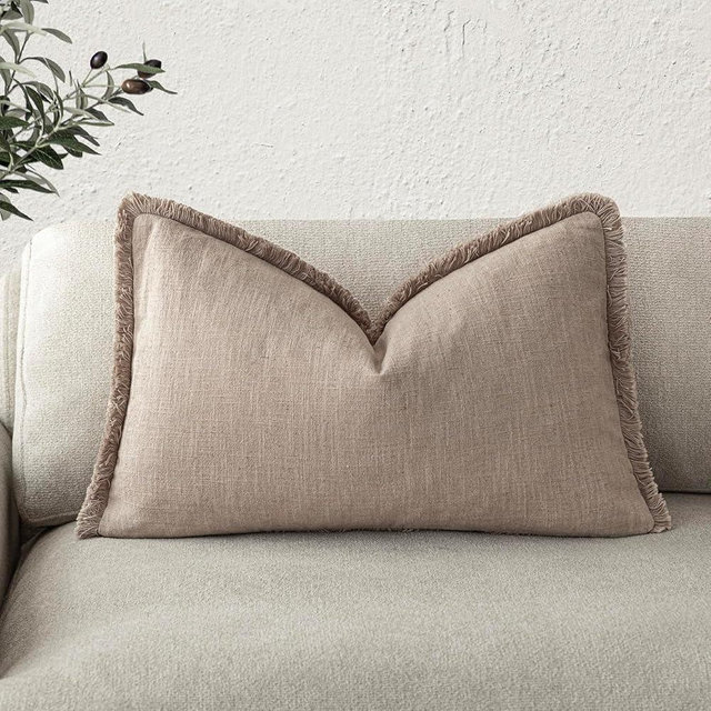 Foindtower Decorative Linen Fringe Lumbar Throw Pillow Covers Boho Farmhouse Cushion Cover with Tassel Soft Accent Pillowcase for Sofa Bed Living Room Home Decor, 12×20 Inch,1PC,Natural Linen