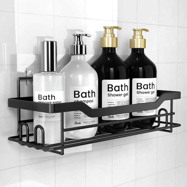 BATHDESIGN Shower Caddy Shelves Organizer Rack, Single Pack Shower Caddy, Shower Shelves for Inside Shower, No Drilling Wall Mounted Self Adhesive Shower Shelves, Matte Black