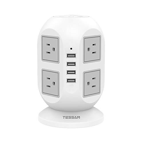 Power Strip Tower TESSAN Surge Protector 8 AC Outlets with 4 USB Ports Charging Station Long Extension Cord 10 Feet, Widely Spaced Multi Outlets, Circuit Breaker Safeguard for Home Office Dorm Room