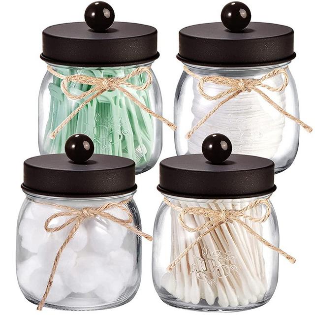 Farmhouse Rustic Decorative Mason Jars, Bathroom Vanity Storage Organizer Canisters,Cute Clear Glass Apothecary Jars with Stainless Steel Lid for Cotton Swabs,Rounds,Balls,Floss picks,hair accessories,4 Pack (Clear/Bronze)