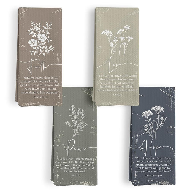 BitKAM Boho Christian Floral Easter Kitchen Towels, Bible Verse Faith Love Peace Hope Floral Kitchen Towel Decorative Set, Vintage Boho Flower Hand Dish Tea Towels for Bathroom Decor