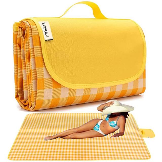 RUIBOLU Beach Blanket Large Picnic Blankets, Sandproof Beach Mat for 2-4 Adults Waterproof Quick Drying Outdoor Picnic Mat for Travel Camping Hiking Festival Park Lawn (Yellow Plaids)