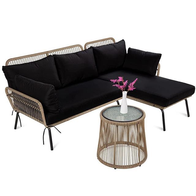 Best Choice Products Outdoor Rope Woven Sectional Patio Furniture L-Shaped Conversation Sofa Set for Backyard, Porch w/Thick Cushions, Detachable Lounger, Side Table - Natural/Black