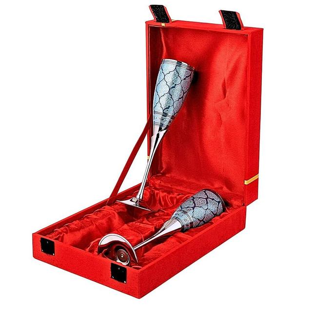 Professional Handicrafts Engraved Champagne Flutes Wedding Gift for Bride & Groom Toasting, Brass Goblet Chalice Cup Metal Communion Wine Glass For Newly Married Couple, Engagement -Blue, Set of 2