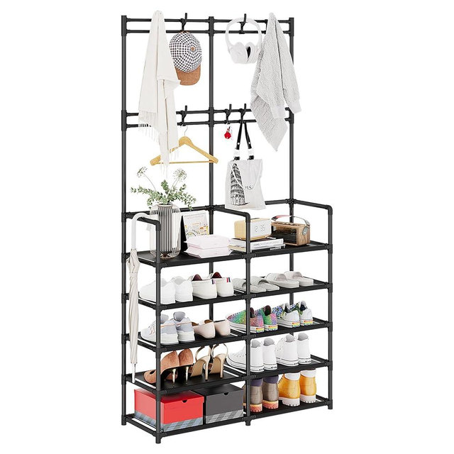 UDEAR 5-Tier Coat and Shoe Rack, Entryway Coat rack with 8 Hooks, Double Row Shoes Organizer for Living Room, Bedroom, Office, Black