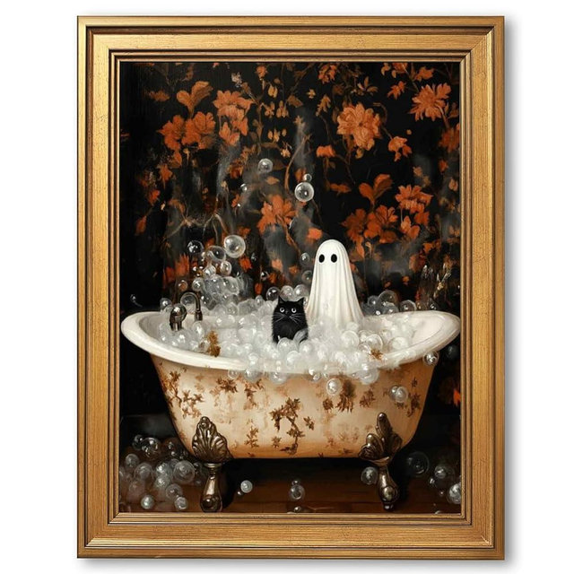 Framed Vintage Halloween Bathroom Poster Cute Ghost & Goth Black Cat in Bathtub Wall Art Retro Spooky Ghost Whimsical Painting Dark Academia Gothic Canvas Print Rustic Toilet Decor 12x16inch