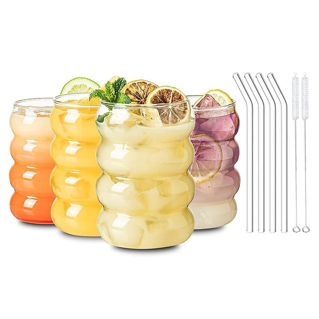 KEMORELA 16oz Wave Shape Beverage Glasses With Straws,Vintage Glass Cups Wine Mugs Of 4 Set, Ripple Drinking Glasses,for Juice Beer Wine Champagne Cocktail Home Kitchen Bar Party-4PCS