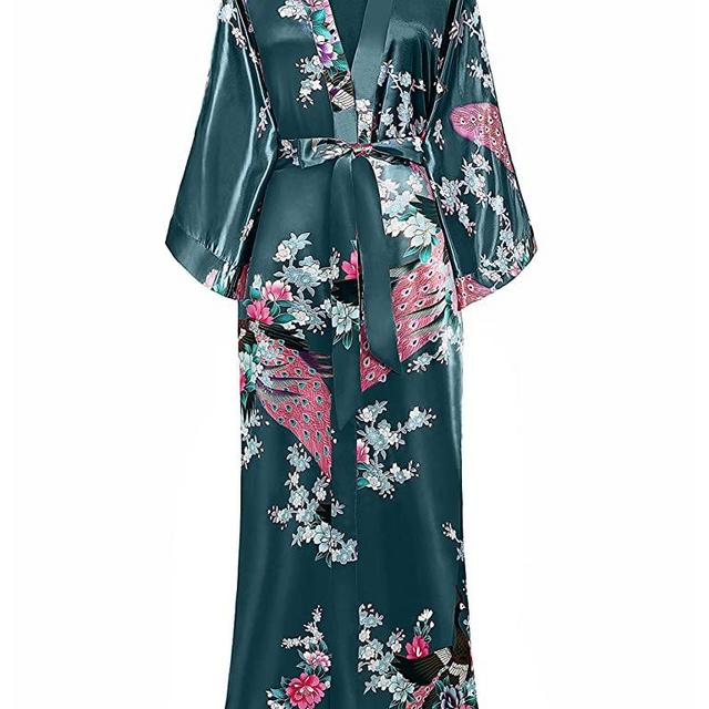BABEYOND Women's Kimono Robe Long Robes with Peacock and Blossoms Printed Kimono Nightgown