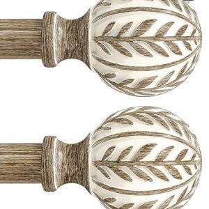 QDWIS 2 Pack Boho Wood Curtain Rods for Windows 48 to 84 inch,1" Adjustable Heavy Duty Window Curtain Rod with Imitation Wood Grain Finials,Rustic Decorative Drapery Rods Set 36-88'',Weathered Wood