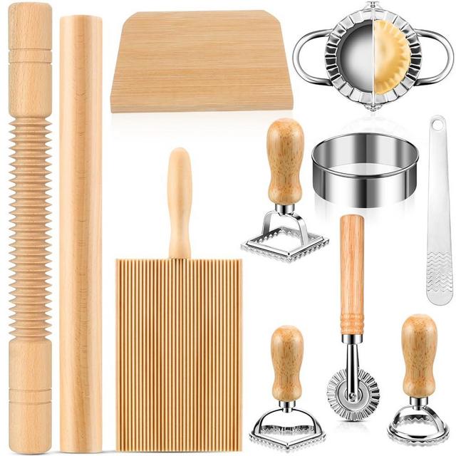 11 Pcs Pasta Making Tools Set Wooden Gnocchi Board and Ravioli Cutter, Wooden Rolling Pin, and Dough Roller for Quick Homemade Pasta Making in the Kitchen perfect for kitchen novices