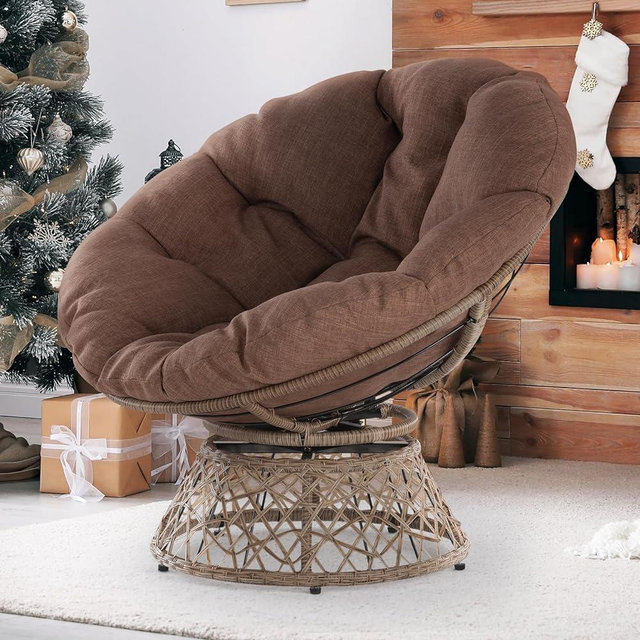 Bme Ergonomic Wicker Papasan Chair with Soft Thick Density Fabric Cushion, High Capacity Steel Frame, 360 Degree Swivel for Living, Bedroom, Reading Room, Lounge, Cinnamon Mocha - Brown Base